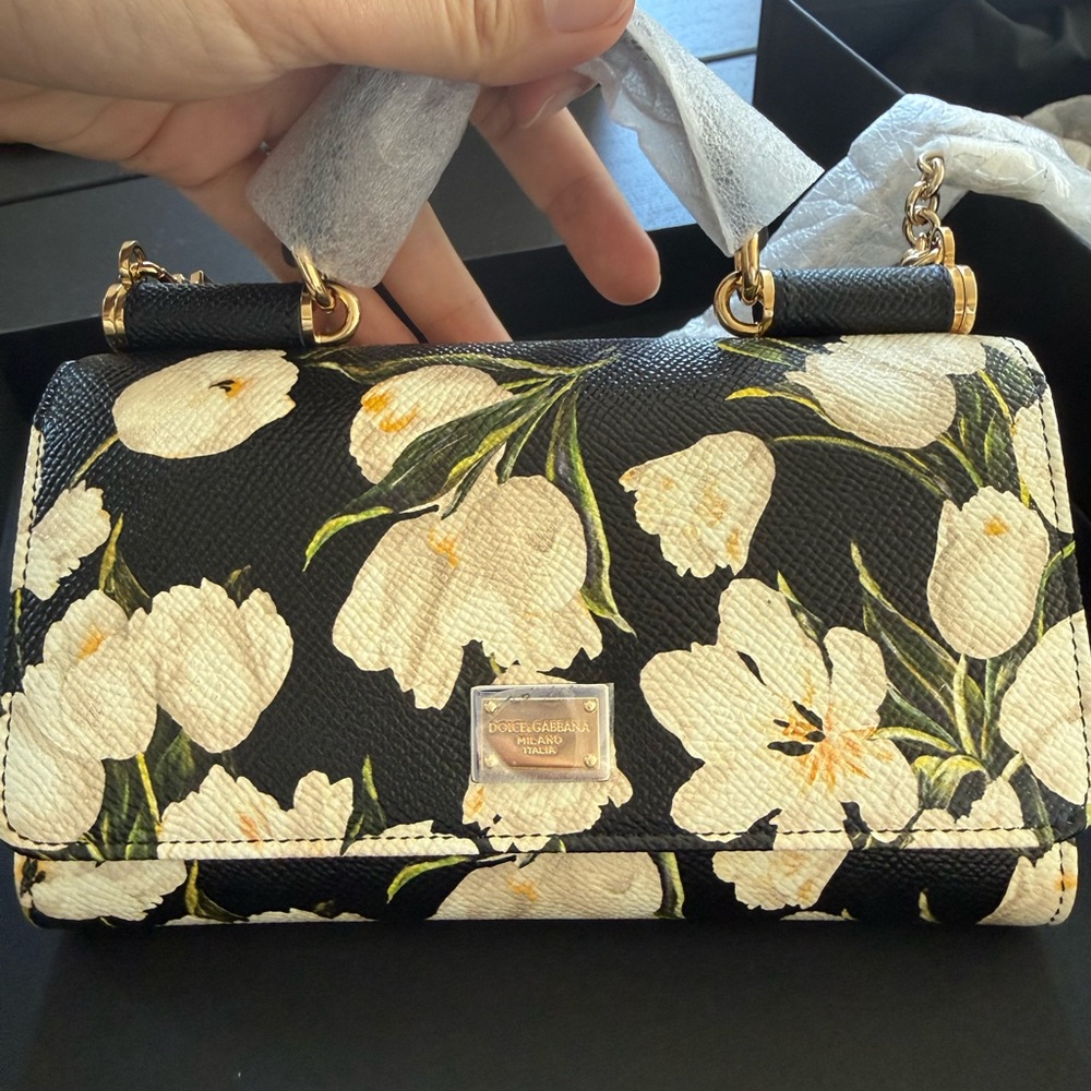Dolce & Gabbana Black Floral Top-Handle Shoulder Bag with White Flowers